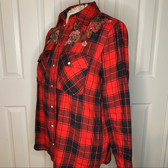 Zara Floral Beaded Buffalo Check Flannel Shirt - Picture 2 of 6